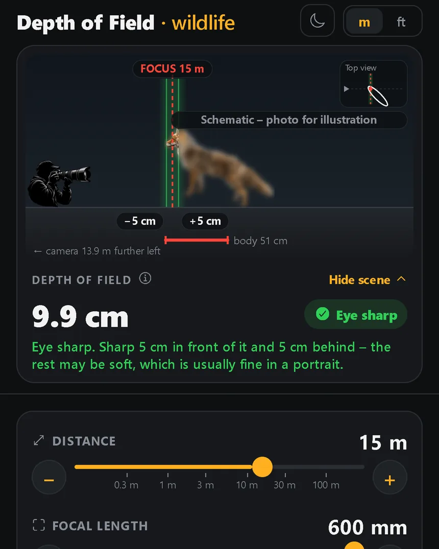 Main screen: a red fox at 15 m with a 600 mm lens – the scene shows the zone of focus and the verdict “Eye sharp”.