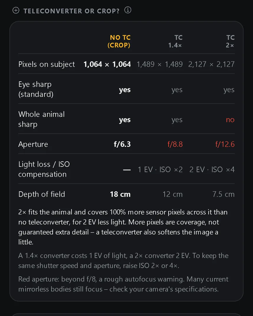 Teleconverter or crop: pixels on the subject, sharpness, aperture and light loss without a converter, with 1.4× and with 2×.