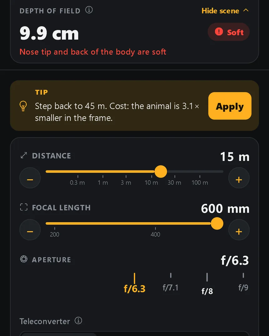 Tip: the whole fox is not sharp, so the app suggests stepping back to 45 m and shows the cost, with an Apply button.